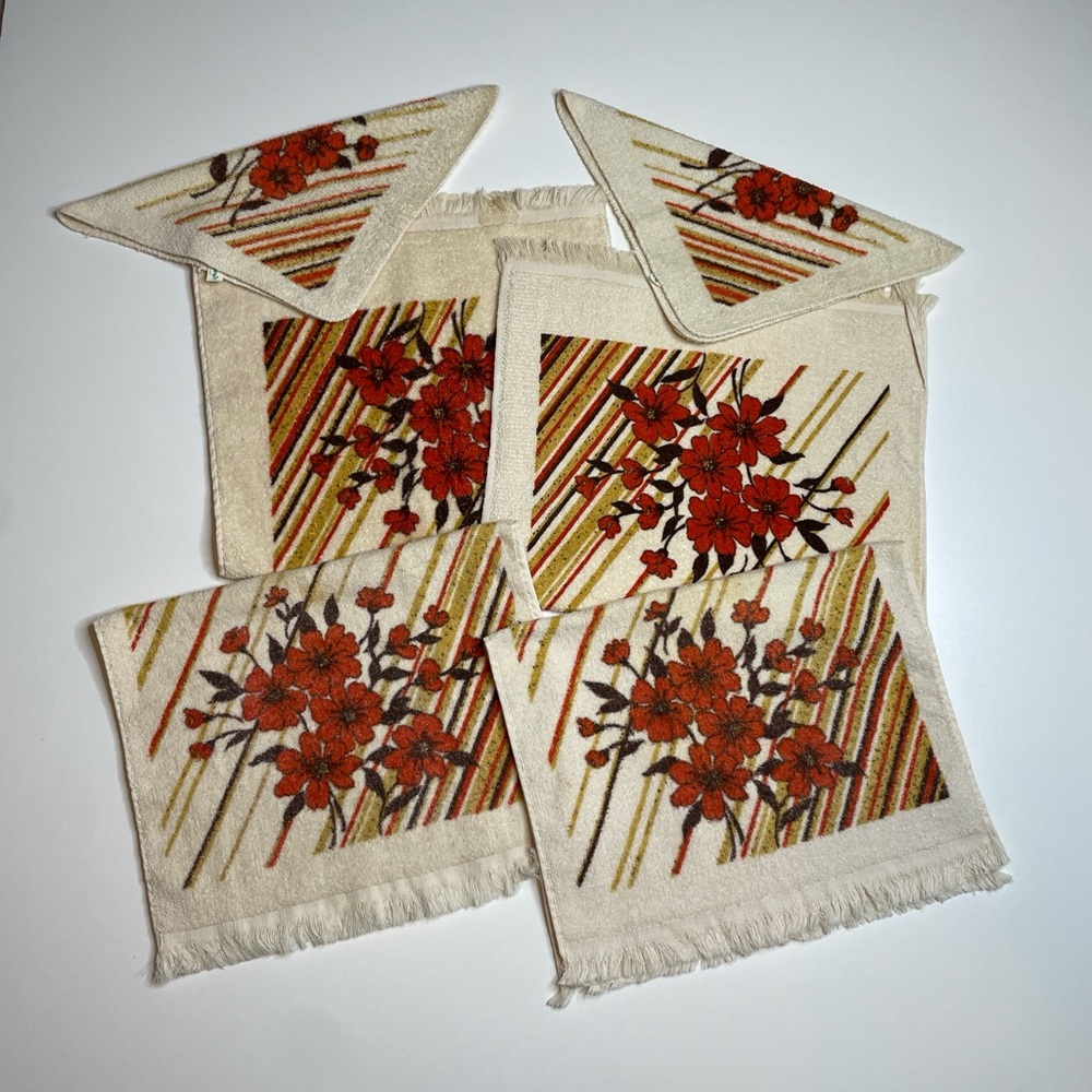 Vintage MCM Cannon Floral Stripe Hand Towels Set of 6 Fringe Cotton USA Made